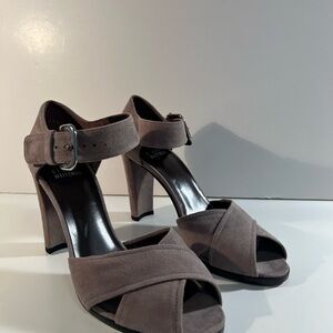 Stuart Weitzman Taupe Suede Block Heel Sandals like new
